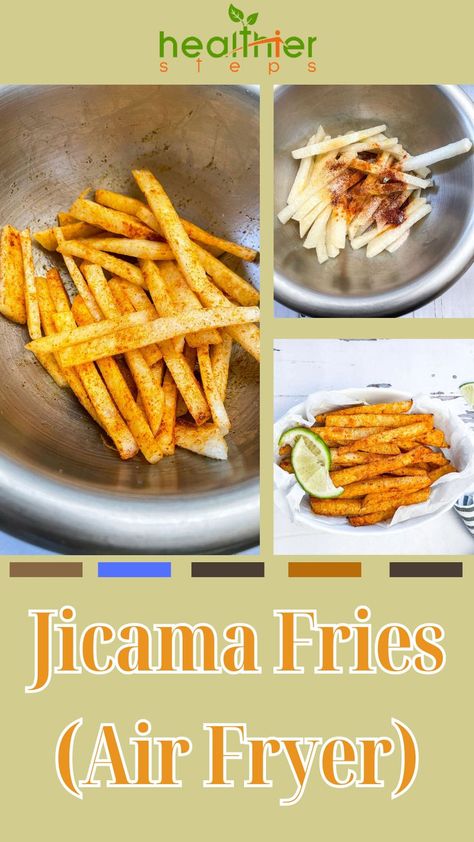 Jicama Fries (Air Fryer) | Crispy jicama fries air fryer Jicama Fries Air Fryer, Air Fryer Jicama, Fries Air Fryer, Fries In The Air Fryer, Jicama Fries, Easy To Make Snacks, Cheesy Dip, Homemade Granola Bars, Air Fryer Healthy