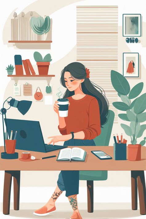 Woman working at a desk at home Notion Cover Illustration, Women Working Illustration, Art Studio Illustration, Working Women Illustration Art, Sitting At A Desk Reference, Business Work Aesthetic, Work From Home Illustration, Workspace Illustration, Desk Illustration