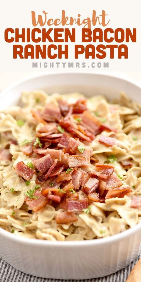 Chicken Bacon Ranch Pasta - This easy and delicious casserole is made with bow tie pasta, thick cut bacon and rotisserie chicken. Any awesome weeknight dinner idea or for serving a crowd. You'll love the creamy, flavorful sauce. Always a favorite casserole at potlucks. Add broccoli or serve with a side of roasted veggies or salad. The best tasting, easiest recipe out there! Pasta With Bacon, Bacon Ranch Pasta, Chicken Ranch Pasta, Chicken Bacon Ranch Pasta, Chicken Ranch, Ranch Pasta, Pasta Chicken, Favorite Dinner, Bacon Pasta