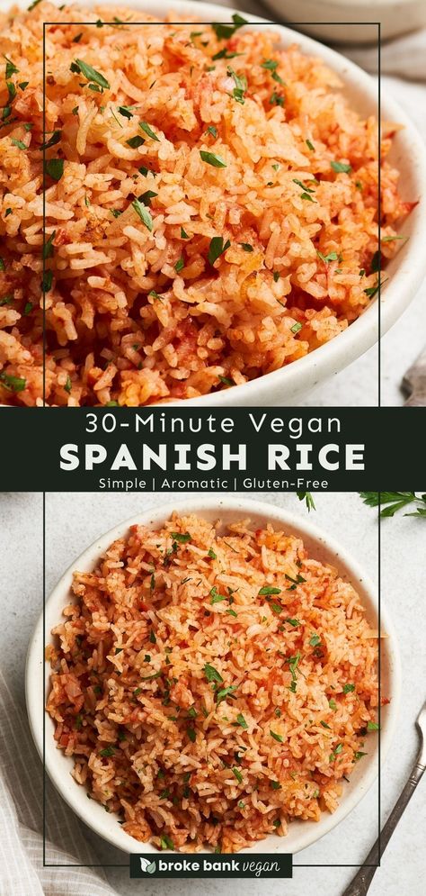 If you're on the hunt for a simple yet delicious side dish, look no further than this vegan Spanish rice recipe! It only requires a few pantry staples but provides a vibrant, fluffy, and aromatic accompaniment to any meal. Serve it with tacos, in burritos, bowls, and more! #veganspanishrice #spanishrice #vegansides Stove Top Rice Recipes, One Pot Rice Meals Vegetarian, Vegan Rice And Beans Recipe, Vegan Spanish Rice Recipe, Rice Vegan Recipes, Vegetarian Rice Bowl, Vegan Spanish Rice, Vegan Spanish Recipes, Vegan Mexican Rice