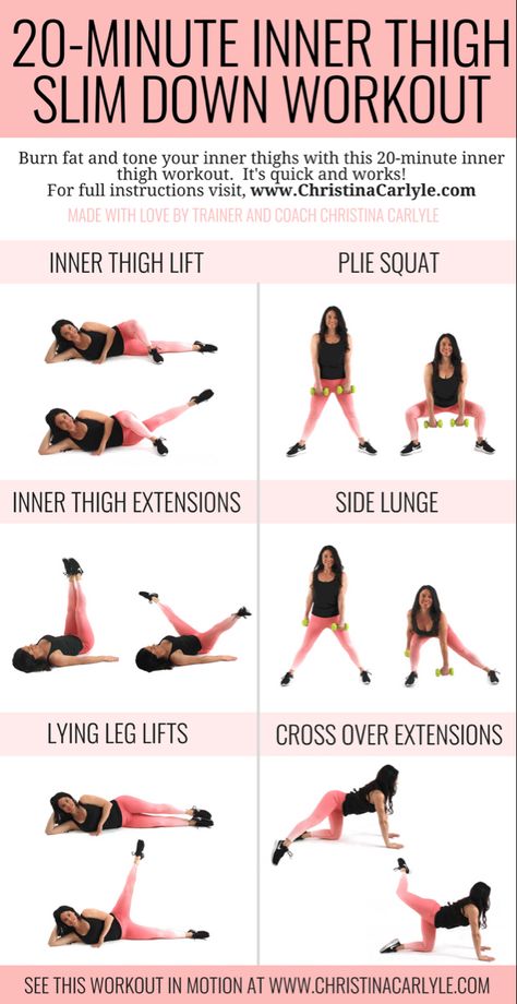 20 Minute Inner Thigh Slim Down Workout - A quick inner thigh workout that will help you burn fat and slim down your thighs in 20 minutes flat. From Trainer Christina Carlyle. https://christinacarlyle.com/20-minute-inner-thigh-slim-down-workout/ Thigh Exercises, Inner Thigh Lifts, Tone Inner Thighs, Mental Health Articles, Health And Fitness Expo, Thigh Workout, Inner Thigh Workout, Trening Fitness, Health And Fitness Articles