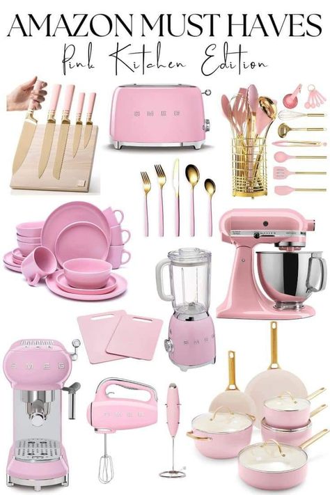 All Pink Kitchen Appliances, Pink Kitchen Tools, Pink Kitchen Aesthetic Modern, Pink Glam Kitchen, Pink Kitchen Gadgets, All Pink Kitchen, Pink Utensils Kitchen Accessories, Pink And White Kitchen Decor, Pink And Yellow Kitchen Decor