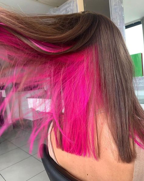 Pink Hair Streaks On Brown Hair, Balayage, Pink Color Underneath Hair, Pink Hair Color Underneath, Blonde With Hot Pink Underneath, Purple Pink Underneath Hair, Dark Brown Hair With Hot Pink Underneath, Neon Pink Peekaboo Hair, Bright Pink And Blonde Hair