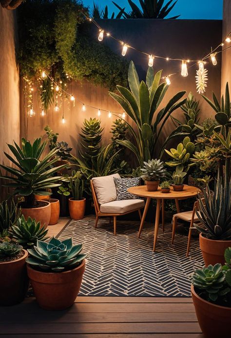 37 Adorable Small Garden Ideas for Your Tiny Outdoor Oasis House Corner Landscaping Ideas, Small Outdoor Patio Decor, Patio With Lots Of Plants, Boho Patio Decor Small Spaces, Tiny Backyard Ideas Small Spaces Patio, Boho Modern Patio, Deck Space Ideas, Little Patio Ideas Small Spaces, Small Patio Plant Ideas