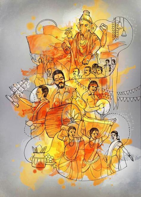 Maharashtra Doodle Art, Festivals Of India Drawing, Indian Festival Illustration, Indian Festival Drawing, Maharashtra Illustration, Colorful Canvas Art, Composition Painting, Modern Art Canvas Painting, Easy Canvas Art