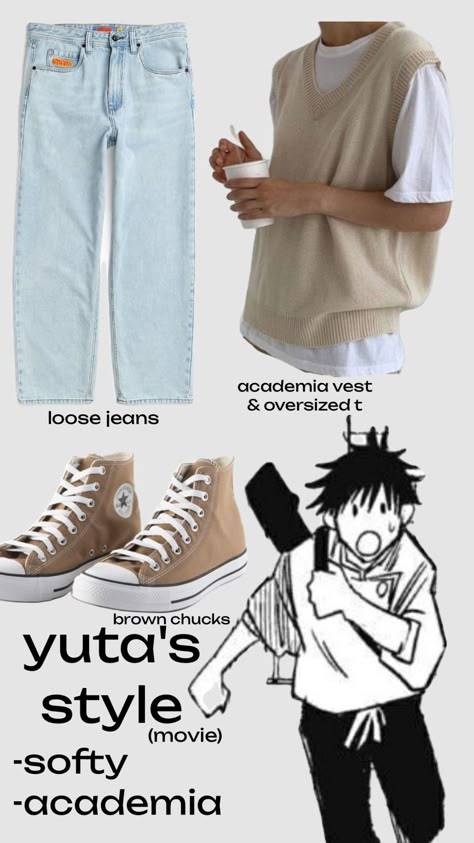 yuta s1 jjk #outfitinspo Anime Style Outfit Men, Jujutsu Kaisen Outfit Ideas, Yuji Outfit, Anime Inspired Outfits Men, Jujutsu Kaisen Inspired Outfits, Outfits Inspired By Anime Characters, Anime Outfits Men, Anime Character Outfits, Jujutsu Kaisen Outfits