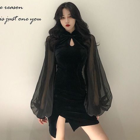 Collar Mini Dress, Mandarin Collar Dress, Long Sleeve Fitted Dress, Long Sleeves Dress, Dress Velvet, Qipao Dress, Grunge Look, Lantern Sleeve Dress, Cheongsam Dress