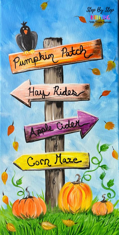 Diy Fall Painting On Wood, Fall Beginner Painting, Easy Scarecrow Painting, Fall Diy Canvas Painting Easy, Fall Scene Painting Easy, Fall Vibes Painting, Whimsical Fall Paintings, Fall Paintings On Canvas Easy Kids, October Canvas Painting Ideas