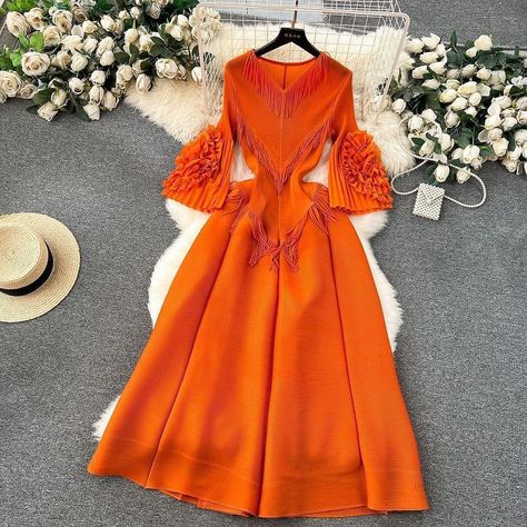 New Arrivals Are we ready??? Orange Dresses Formal, Orange Dresses, Summer Party Dress, Ruffled Sleeves, Maxi Dresses Casual, Loose Dress, Dresses Formal, Office Ladies, Flared Sleeves