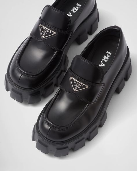 Black Brushed leather Monolith loafers | Prada Prada Monolith Loafers, Prada Monolith, Re Edition Prada, Prada Loafers, Woman Boots, Loafers Women, Prada Collection, Dinner Night, Chunky Loafers