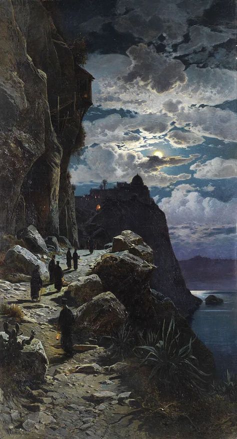 Nightly Walk of the Monks to the Mountain Monastery Athos' By Hermann Corrodi, 1888. 동화 삽화, Rennaissance Art, History Painting, Italian Painters, Wow Art, The Monks, Aesthetic Painting, Painting Wallpaper, 판타지 아트