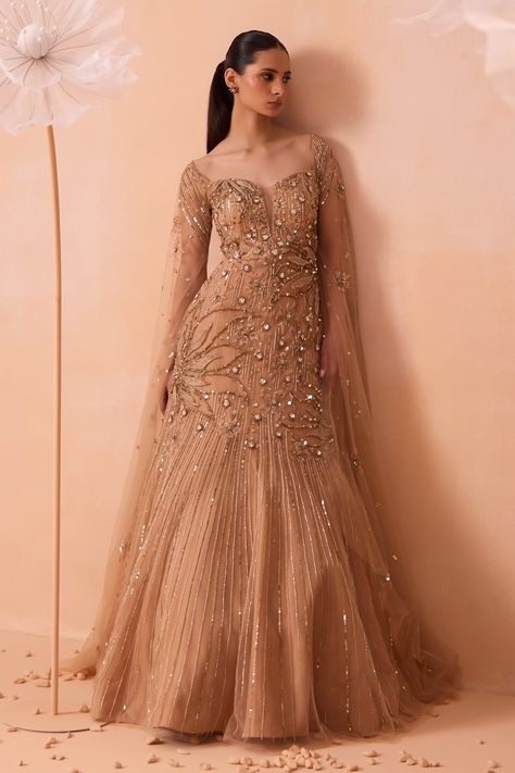 Buy Gold Net Embroidery Zari Sweetheart Neck Gleaming Floral Gown For Women by PARUL GANDHI Online at Aza Fashions. Engagement Gowns Indian Brides, Organza Gown Designs, Engagement Gowns Indian, Gowns Gold, Floral Embroidered Gown, Champagne Gown, Golden Gown, Reception Gowns, Engagement Gowns