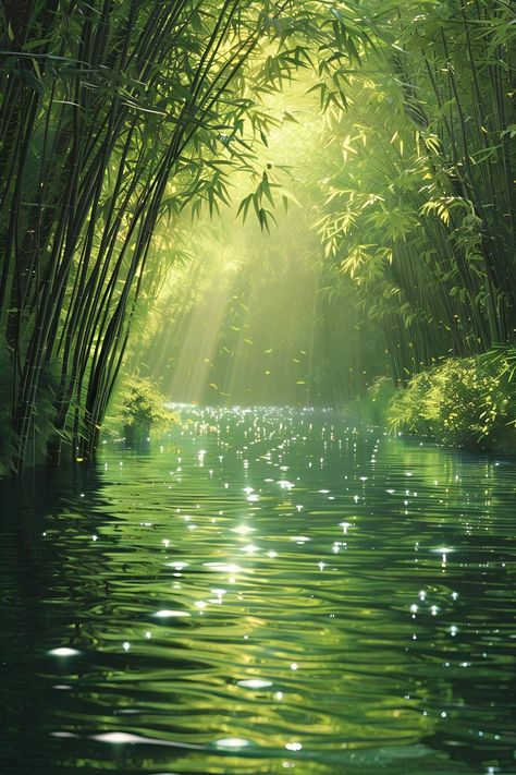 Fantasy Landscape Photography, Bamboo Aesthetic Wallpaper, Bamboo Forest Aesthetic, Japanese Nature Aesthetic, Green Scenery Painting, Bamboo Scenery, Green Wallpaper Nature, Bamboo Aesthetic, Paradise Aesthetic