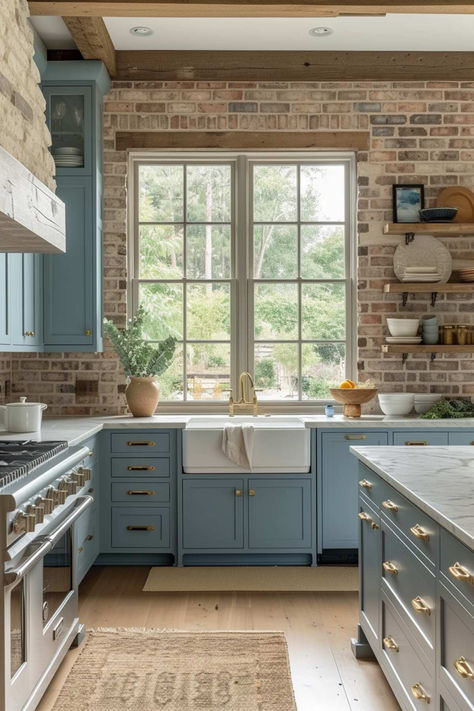 40 Gorgeous Rustic Farmhouse Kitchen Designs for a Classic Look Updated Farmhouse Kitchen, Inside Of Cottage, Kitchen With Red Brick, Farmhouse Kitchen Cabinet Colors, Rustic Country Kitchen Designs, Classic Kitchen Ideas, Kitchen With Beams, Kitchen Blue Cabinets, Rustic Farm Home