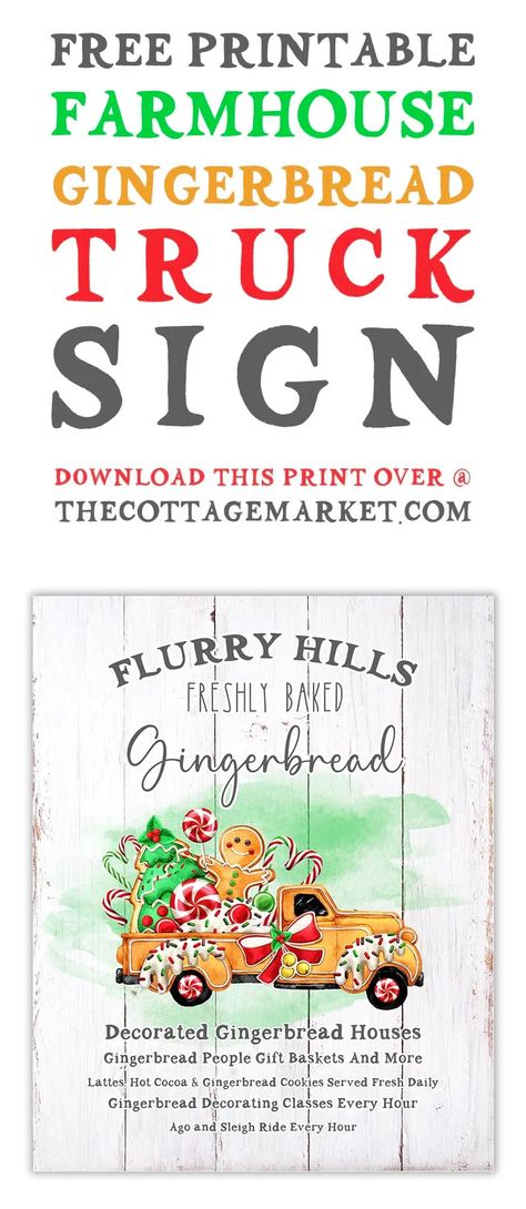 Time for a Free Printable Farmhouse Gingerbread Truck Sign that will add tons of Holiday Charm to any Space! Hi there everyone! The Holiday Season is upon us and we have to start pumping tons of Holiday Free Printables out so you have plenty of time to print and create! Today we continue kicking off the Holiday Season with this Free Printable Farmhouse Gingerbread Truck Sign that I know you are all going to love. Gingerbread Images Free Printable, Gingerbread Free Printables, Gingerbread Printables Free, Free Gingerbread Printables, Gingerbread Truck, Farmhouse Printables, Farmhouse Font, Christmas Tree Truck, Cottage Market