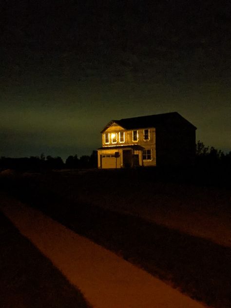 Suburban House Neighborhood, Brown Sand Aesthetic, House In The Middle Of Nowhere, Scary Neighborhood, Empty House Aesthetic, Farmhouse At Night, Rural Neighborhood, Neighborhood Aesthetic, Poor Neighborhood