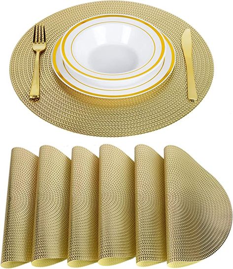 Amazon.com: FGSAEOR Braided Placemats (6-Pack), Table Mats for Dining Tables, Round Anti-Skid Washable Polyproplene Place Mats (15 inches, Gold) : Home & Kitchen Braided Placemats, Dining Tables Round, Table Pads, Gold Table, Place Mats, Table Mats, Dining Rooms, Dining Tables, 6 Pack