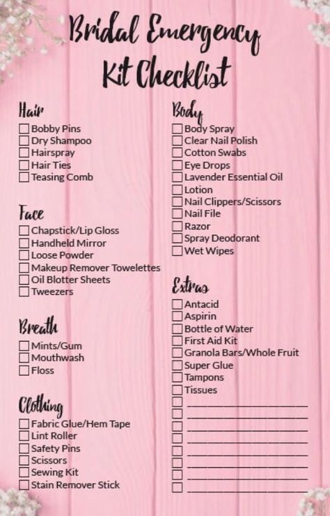 Bridal Makeup Kit List, Emergency Kit Checklist, Bridal Makeup Kit, Bridal Emergency Kits, Personal Attendant, Wedding Emergency Kit, Day Checklist, Moh Duties, Wedding Day Checklist