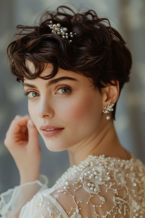 Wedding hairstyles for short hair can be both chic and striking, bringing a unique charm to your look. Discover the best short hairstyles for brides here. Accessories For Short Hair, Chic Wedding Hairstyles, Curled Pixie Cut, Wedding Hairstyles For Short Hair, Hairstyles For Brides, Wavy Pixie Cut, Best Short Hairstyles, Classic Wedding Hair, Pixie Cut Styles