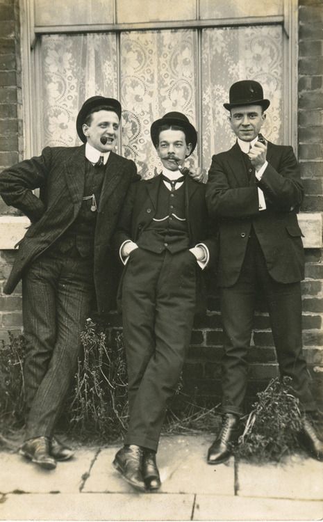 A Trio of Edwardian Swells Men Standing, Building, Hats