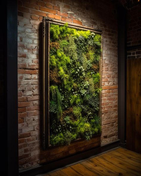 Moss and succulent wall decor, brick wall green plant wall decor, moss frame decor ideas Moss Wall Restaurant, Living Wall Restaurant, Moss Brick Wall, Brick Wall Plants Interior, Brick Wall With Vines, Moss And Succulent Wall, Brick Wall Plants, Brick Wall With Plants, Salon Esthetics