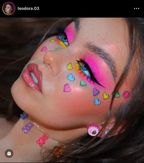 Fun Full Face Makeup Looks, Edc Rave Makeup, Easter Make Up Look, Candy Hearts Makeup, Mesh Top Outfit Festival, Rainbow Festival Makeup, Crazy Pink Makeup, Halloween Work Makeup Ideas, Cute Fun Makeup Looks