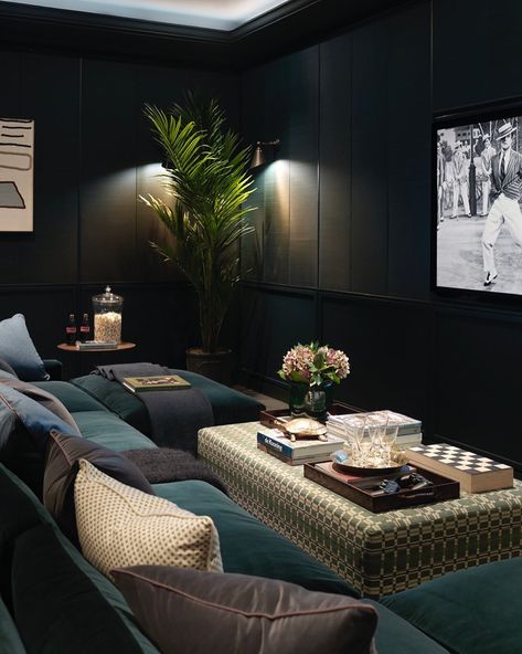 Dark And Moody Tv Room, Dark Green Theater Room, Contemporary Media Room, Dark Family Room Ideas, Dark Entertainment Room, Media Room Bar Ideas, Moody Theater Room, Moody Movie Room, Black Media Room