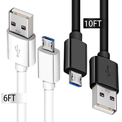 Micro USB Charging Cable, 2 Pack(6ft Wht+10ft Blk) Android Phone Fast Charger Cord with Extra Long Length for Samsung Galaxy S7 Edge/S7/S6 Edge/S6, Note 5/4/2, HTC, LG G4, BlackBerry, Motorola, Sony Samsung Charger, Amazon Electronics, Decluttering Ideas, Lg G4, Xbox One Controller, Charger Cord, Phone Cables, Data Transfer, Fast Charger