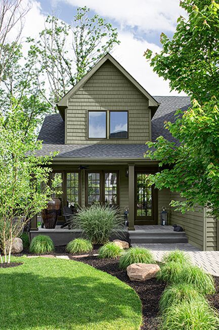 Best Craftsman Exterior Paint Colors, Cabin Outdoor Paint Colors, Exterior Olive Green House, Exterior Paint Colors For House In Woods, Exterior House Green Color Schemes, Gray Green House Paint Exterior, Benjamin Moore Adirondack Green, Sage House Exterior Color Palettes, Sage Green House Exterior Color Palettes Farmhouse