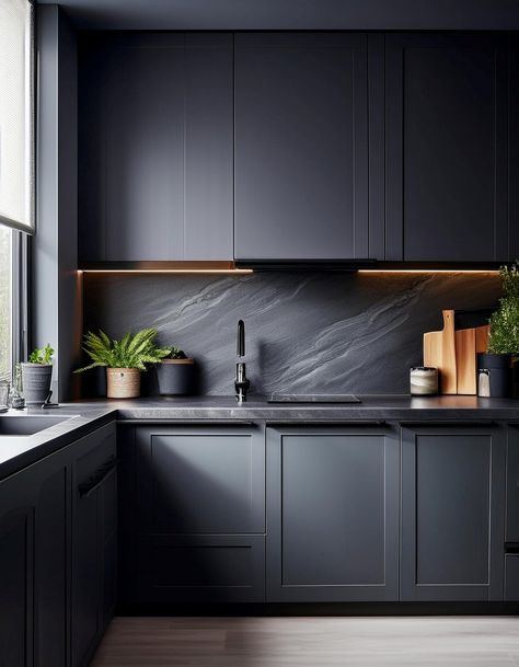 Charcoal Gray Backsplash Dark Grey Scandinavian Kitchen, Black Granite Black Cabinets, Dark Grey Wall Kitchen, Black Kitchen With Grey Countertop, Black Backsplash With Grey Cabinets, Dark Gray Countertops Kitchen, Charcoal Grey Cabinets, Dark Grey Kitchen Ideas, Gray Countertops Kitchen