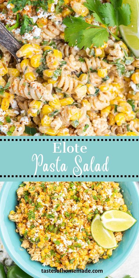 The flavors of Mexican street corn in a delicious pasta salad. This elote pasta salad has all the components of traditional Mexican street corn mixed with tender pasta for the perfect summer side dish.   With jalapeno, cilantro, and cotija cheese, it's made with simple ingredients and homemade creamy mayo dressing, this easy recipe comes together quickly and makes a large batch.  Perfect for your next BBQ or potluck. Pasta Street Corn Salad, Elote Salad Allrecipes, Best Side Dishes For Parties, Creamy Mexican Street Corn Pasta Salad, Street Corn Elote Pasta Salad, Street Corn Pasta Salad Recipes, Street Corn Pasta Salad Ditalini, Elite Corn Pasta Salad, Elotes Pasta Salad