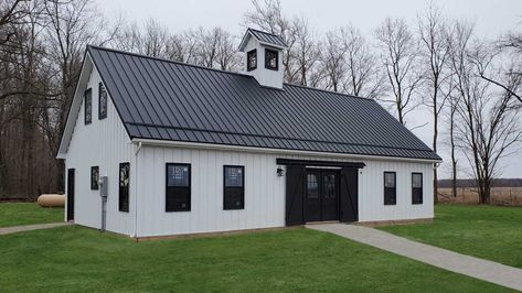 Pole barn farm house design with RAMCO RX4 siding and RAMCO Super Loc Standing Seam roofing. Order metal today! Metal Siding House, Residential Steel Buildings, Barn Exterior, Barn Remodel, Building A Pole Barn, Steel Building Homes, Post Frame Building, Metal Roofs, Barn Kits