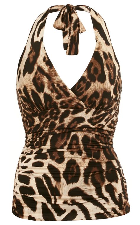 Animal Print Dress Aesthetic, Kawaii, Animal Print Clothes Aesthetic, Halter Tops Aesthetic, Y2k Animal Print Outfit, Brown Halter Top Outfit, 2000 Tops, Animal Print Y2k, Animal Print Clothes