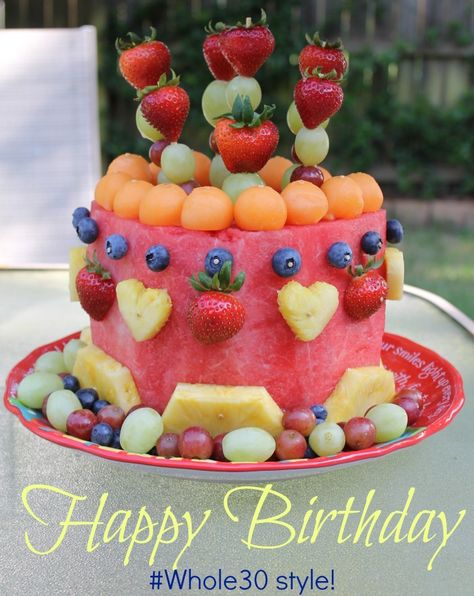 My #Whole30 Birthday Cake.Find more Whole30 recipes at www.MoscatoMom.com Fruit Birthday Cake, Melon Cake, Fresh Fruit Cake, Fruit Birthday, Watermelon Cake, Kids Healthy, Watermelon Birthday, Watermelon Fruit, Cake Online