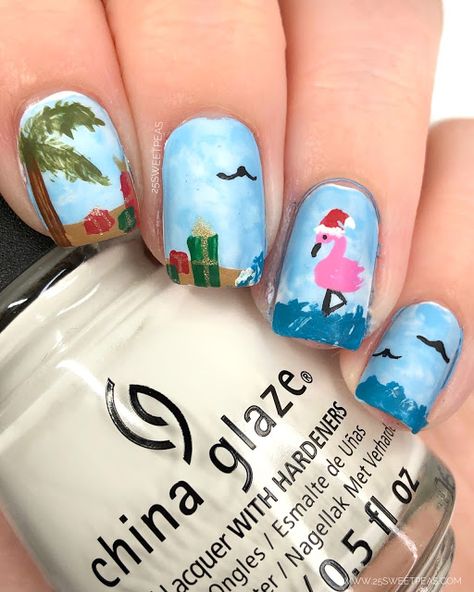 Beachy Christmas Nail Art Christmas Nails For Florida, Tropical Winter Nails, Christmas Palm Tree Nails, Beachy Christmas Nails, Beach Christmas Nails, Christmas Beach Nails, Tropical Christmas Nails, Beach Manicure, Christmas Toes