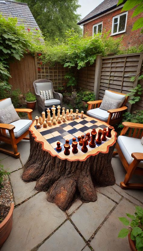 21 Magical Tree Stump Decorating Ideas 🌳✨ – Transform Your Garden into a Fairy Tale Paradise! Creative Tree Stump Ideas, Garden Ideas With Tree Stumps, Painted Stumps, Outdoor Chess Table, Tree Stump Decorating Ideas, Stump Table Outdoor, Stump Decorating Ideas, Stump Chair, Tree Stumps Diy