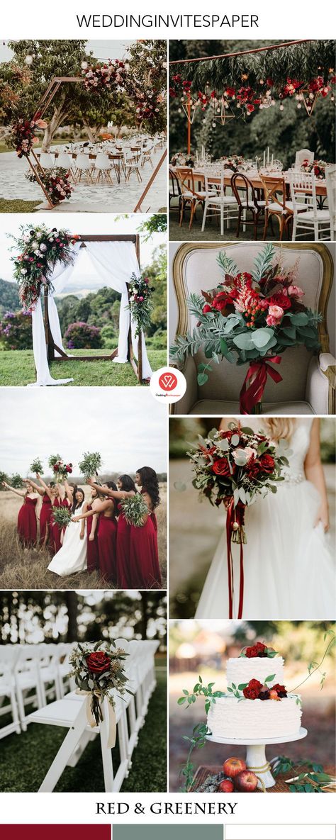 Red Green And Silver Wedding, Red And Gold Rustic Wedding, Red And Green Wedding Theme Receptions, Wedding Red And Green Theme, Red Gold And Green Wedding, Deep Red And White Wedding, Sage Red Wedding, Dark Red And Sage Green Wedding, Light Red Wedding Theme