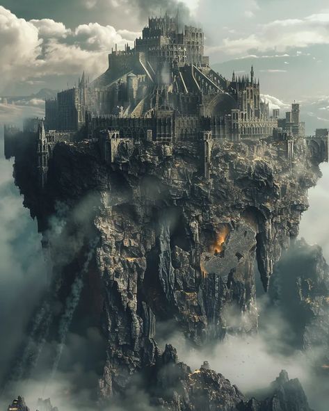 The image is of a castle on a floating rock. The castle is made of black stone and has a gothic style ->> more details in ai-img-gen.com Underworld Castle, Underground Castle, Stone Kingdom, Dnd Artwork, Dnd Landscape, Lugares Aesthetic, Mysterious Castle, Floating Castle, Stone Castle