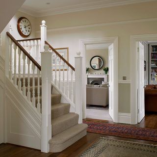 Grey Stairs, Edwardian Hallway, Landing Stairs, Light Hallway, Stairs Carpet, Edwardian Home, 25 Beautiful Homes, White Hallway, Hallway Colours