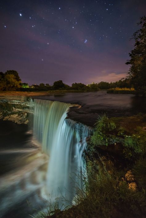 Waterfall At Night, Estonian Nature, Orion Constellation, Ocean At Night, Black Canvas Paintings, Scene Wallpaper, Rainbow Eyes, Waterfall Features, Night Landscape