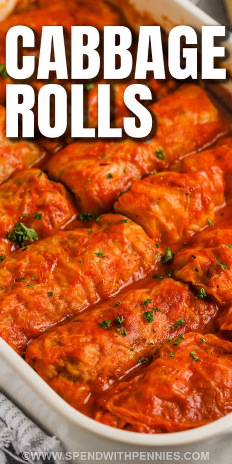 Cabbage Rolls are super hearty & filling! Rice, meat, and tomatoes are wrapped with cabbage leaves and baked until perfectly tender. The best part? This dish is great for leftovers! Enjoy it all week long for a quick & easy lunch! #spendwithpennies #cabbagerolls #easycabbagerolls #dinner Cabbage Roll Sauce, Best Cabbage Rolls Recipe, Cabbage Roll Recipe, Stuffed Cabbage Rolls Recipe, Easy Cabbage Rolls, Boiled Cabbage, Stuffed Cabbage Rolls, Best Macaroni Salad, Cabbage Rolls Recipe