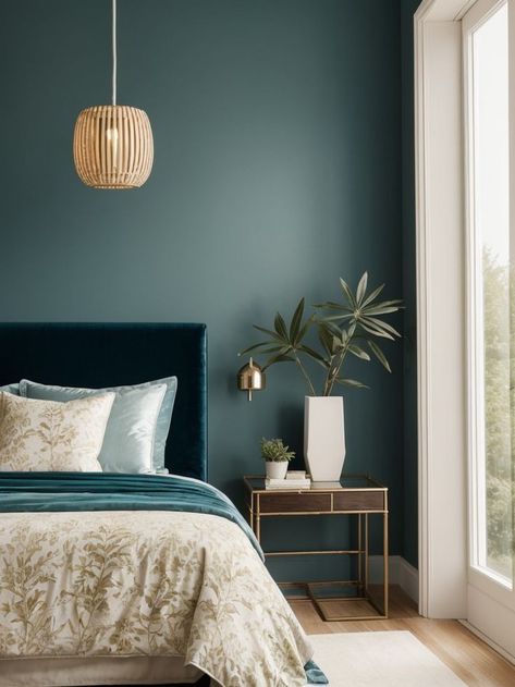 Create a stunning focal point in your bedroom with an accent wall painted in a stylish teal color. Pair it with a chic velvet upholstered bed and add metallic accessories for a touch of glamour. Transform your bedroom into a tranquil retreat with an accent wall in calming teal. Complement it with a sleek platform bed and incorporate natural elements like a bamboo pendant light and plants to create a serene ambiance.. Teal Bedroom Feature Wall, Teal Painted Walls Bedroom Ideas, Teal Velvet Bed, Bedroom Teal Accent Wall, Teal Feature Wall Bedroom, Dusty Teal Bedroom, Bedroom With Teal Accents, Teal Black And White Bedroom, Dark Teal Room