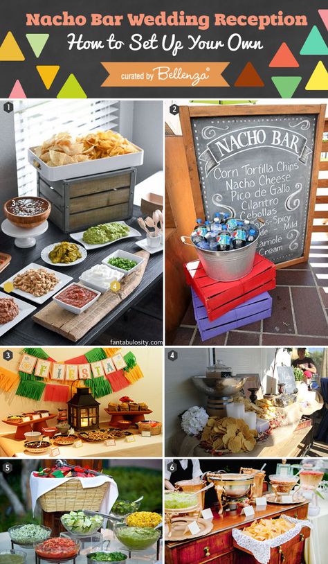 Chalkboard signs to nacho dips Wedding Food Buffet, Nacho Bar Party, Taco Bar Party, Wedding Buffet Food, Bar Wedding Reception, Bbq Desserts, Wedding Food Stations, Snack Station, Nacho Bar