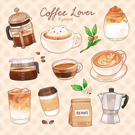 How To Draw Coffee, Cute Coffee Illustration, Cafe Food Drawing, Coffee Cute Drawing, Coffee Drawing Cute, Coffee Drawing Ideas, Cute Coffee Drawings, Coffee Aesthetic Drawing, Coffee Drawing Aesthetic