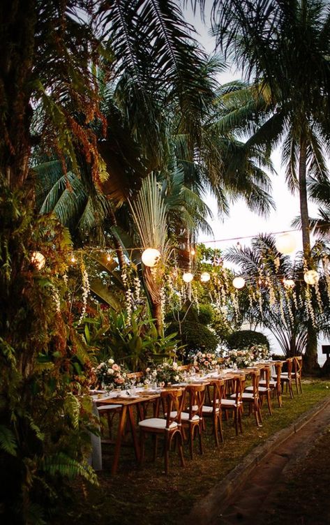 Boho Island Wedding, Island Wedding Aesthetic, Hawaii Wedding Reception Decor, Jungle Beach Wedding, Thai Beach Wedding, Small Tropical Wedding, Tropical Jungle Wedding, Tropical Wedding Dress, Thailand Wedding Venues