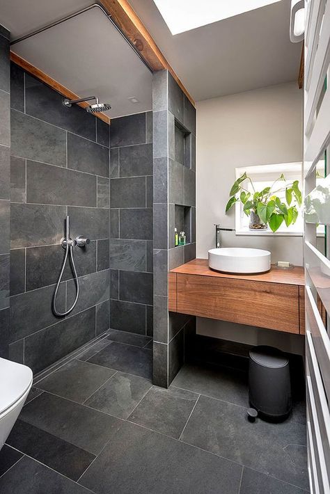 bathroom black gray slate wood: minimalist bathroom by CONSCIOUS ...  #bathroom #black #conscious #minimalist #slate Makeover Kamar Mandi, Bilik Air, Tiny House Bathroom, Design Bathroom, Trendy Bathroom, Budget Bathroom, Small Bathroom Design, Bathroom Layout, Minimalist Bathroom