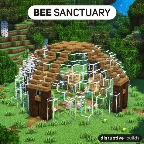 Bee Farm Ideas Minecraft, Beehive Area Minecraft, Beehive Ideas Minecraft, Minecraft Building Ideas Beehive, Minecraft Allay Cage, Bee Farm Minecraft Build, Bee Habitat Minecraft, Minecraft Aviary Ideas, Minecraft Animal Pens Cottagecore