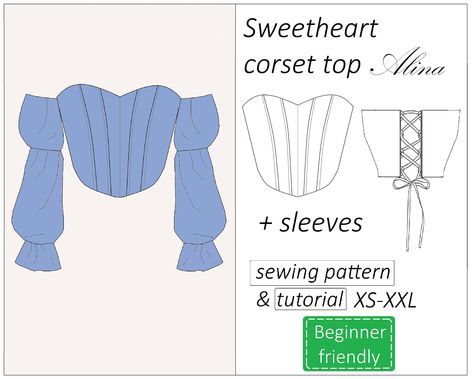 Sweetheart Bodice Pattern Free, Sweetheart Top Pattern, Sweetheart Corset Pattern, Sewing Sleeves Pattern Ideas, Free Corset Pattern Pdf, Corset Sewing Pattern Free, Free Top Pattern, Free Top Sewing Pattern, Diy Corset Top Pattern