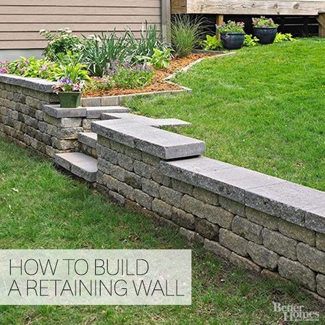 Learn how to build a retaining wall on a slope. Our tips will help you make the most of your garden space—while staying within budget. Retaining Wall With Steps, Concrete Block Retaining Wall, Diy Retaining Wall, Backyard Retaining Walls, Retaining Wall Blocks, Building A Retaining Wall, Concrete Retaining Walls, Sloped Yard, Concrete Patios