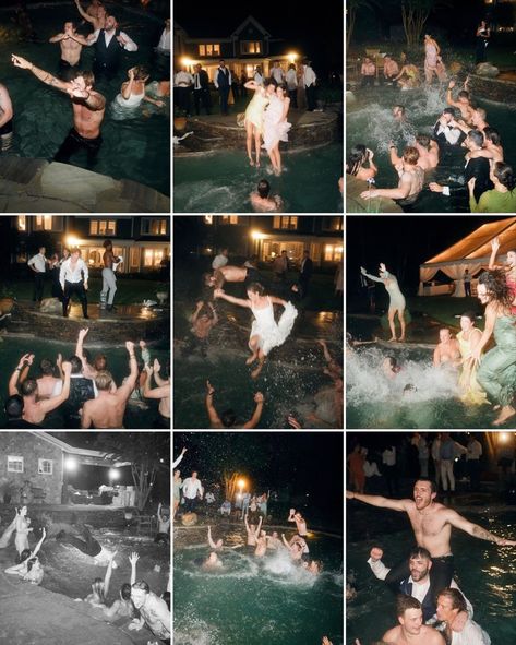 Wedding Pool After Party, Huge Wedding Party, Non Traditional Wedding Aesthetic, Water Side Wedding, Claire Hiller Wedding, Film Noir Wedding Theme, Crazy Wedding Party, Chaotic Wedding Aesthetic, Wedding Ideas After Party